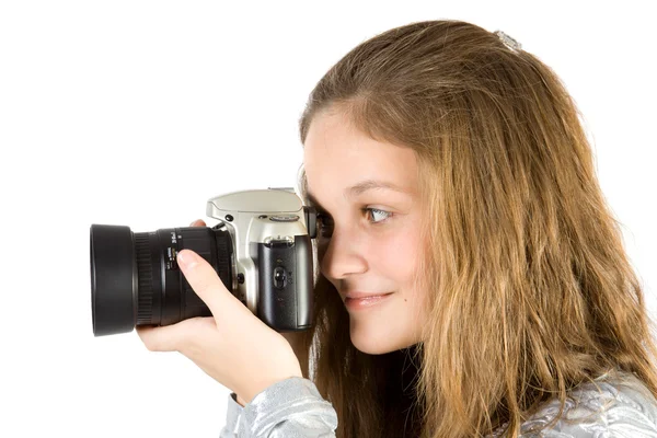 年轻的女孩，与单反相机 — 图库照片