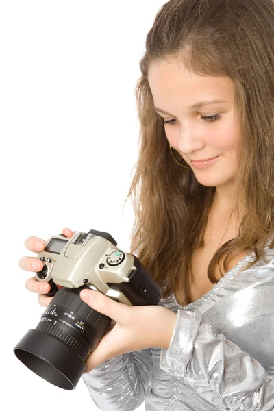 年轻的女孩，与单反相机 — 图库照片