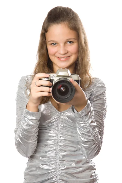 Νεαρό κορίτσι με φωτογραφική μηχανή slr — Φωτογραφία Αρχείου