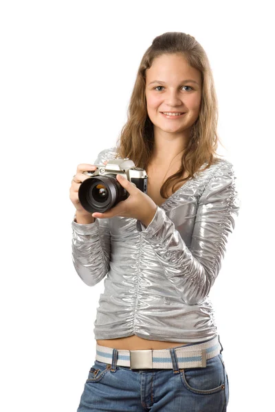 Slr fotoğraf makinesi ile genç kız — Stok fotoğraf