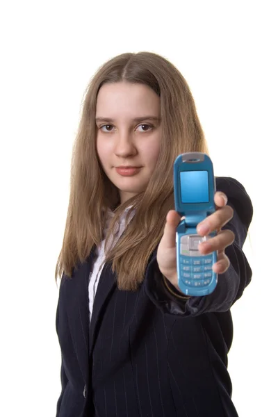 Girl with a mobile - focus on a girl — Stock Photo, Image
