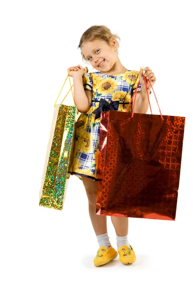 Küçük kız alışveriş çantası. — Stok fotoğraf