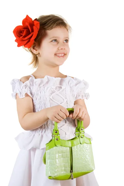 Маленька усміхнена дівчинка щасливі покупки — стокове фото