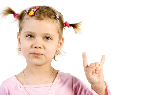 Menina mostrando sinal dedos — Fotografia de Stock