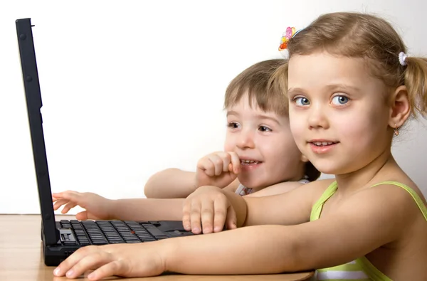 Kız ve erkek kardeş ile bir dizüstü bilgisayar çalışma — Stok fotoğraf