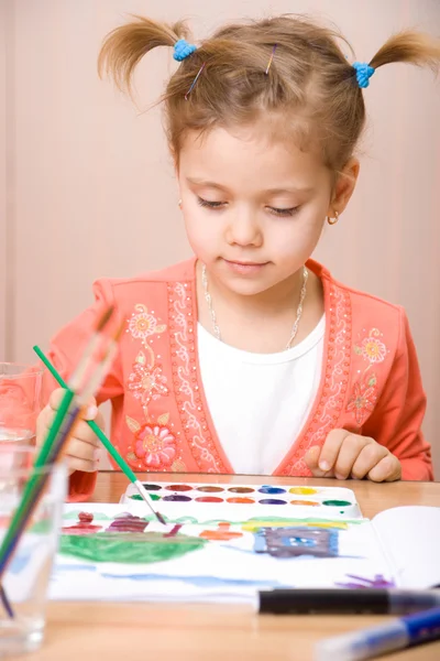 Pittura ad acquerello bambino abbastanza caucasico — Foto Stock