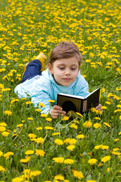 Little girl on the grass reading book — Stock Photo, Image
