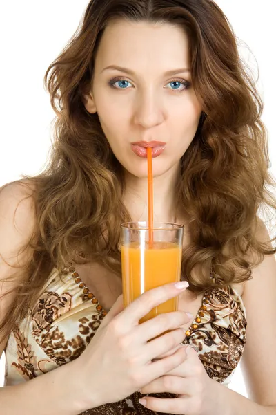 Attractive brunette drink juice — Stock Photo, Image