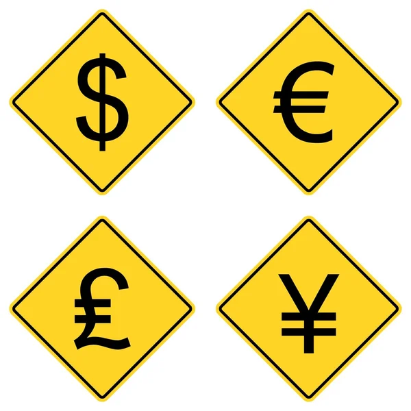Simboli di valuta sui cartelli stradali — Vettoriale Stock
