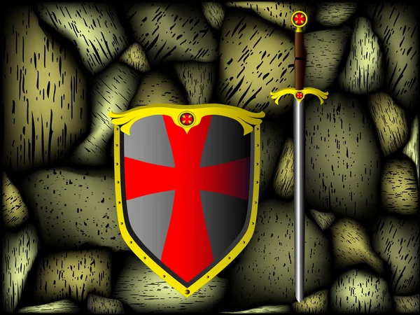 Рыцарские доспехи, каменная стена — стоковый вектор