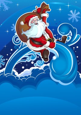 Santa flies on holiday vertical clipart