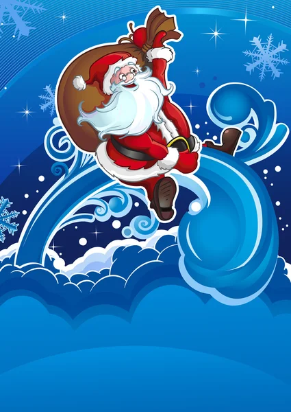 Santa flies on holiday vertical — Stock Vector