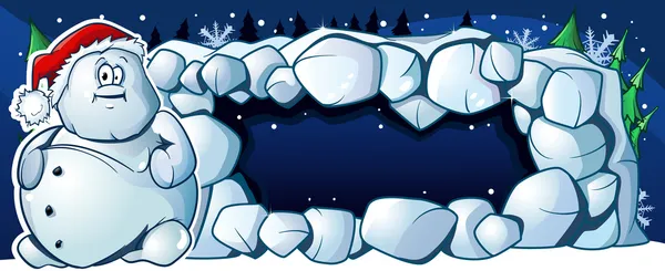 Boneco de neve e uma caverna de neve — Vetor de Stock