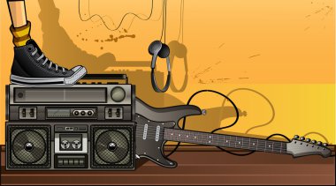 Boombox & guitar on the floor clipart