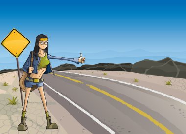 Hippie girl hitchhiking clipart