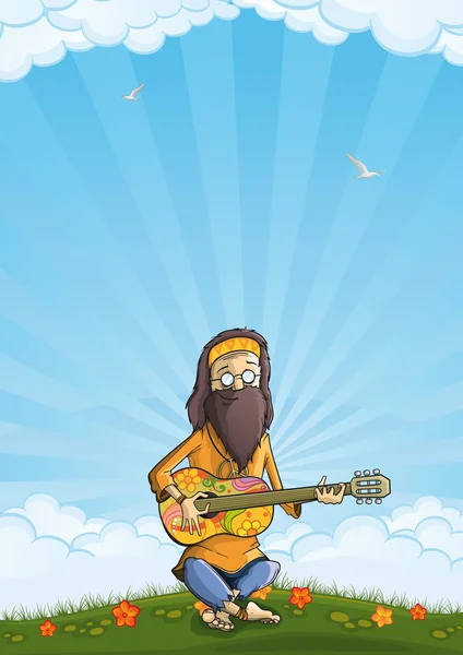 Hippie med gitarr utomhus — Stock vektor
