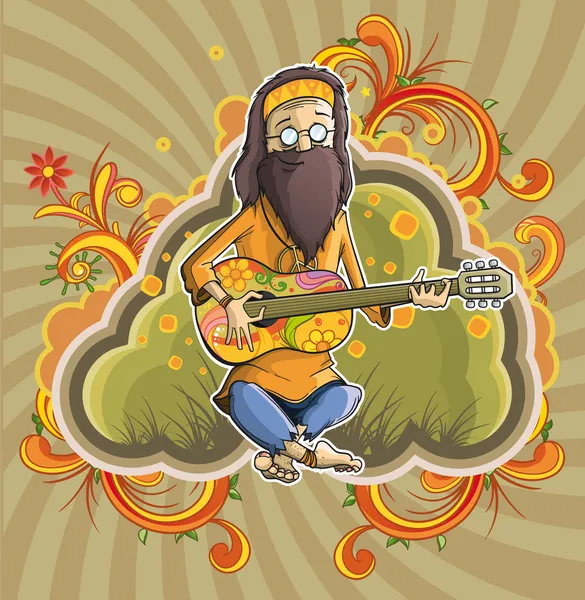 Hippie with guitar in nirvana — Stock Vector