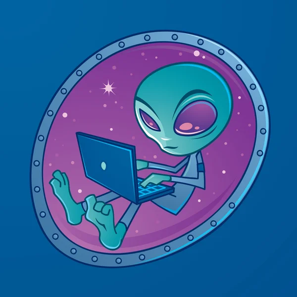 Alien con computer portatile — Vettoriale Stock