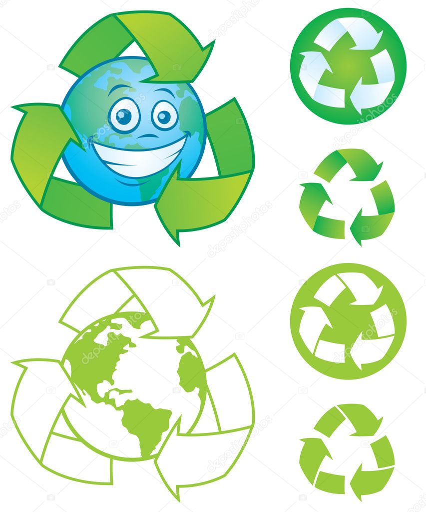 Vector cartoon planet Earth with recycle symbol and several vector recycle symbols and icons. Great mascot or logo for going green or recycling.