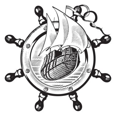 Ship & wheel_engraving clipart