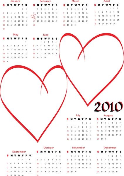 2010 calendário com corações em branco — Vetor de Stock