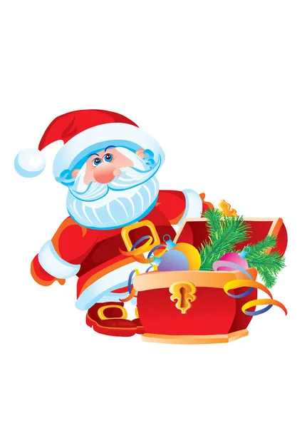 Father Christmas and a chest with toys — Stock Vector