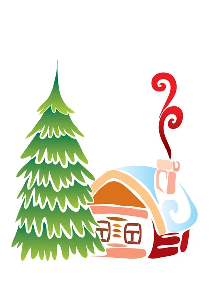 Natal pequena casa com uma árvore de pele — Vetor de Stock