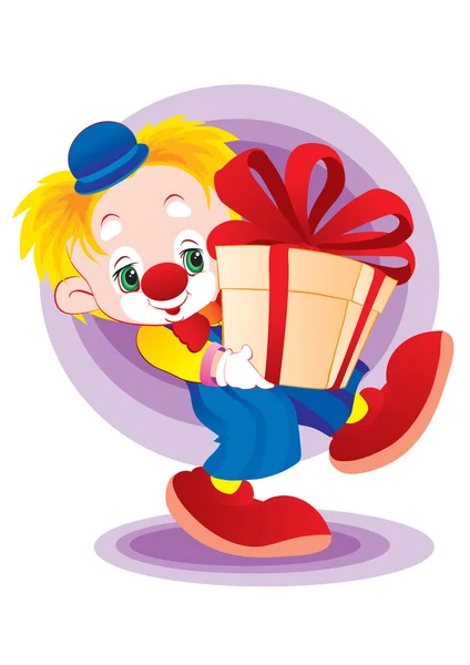 Der Clown mit einem Geschenk — Stockvektor