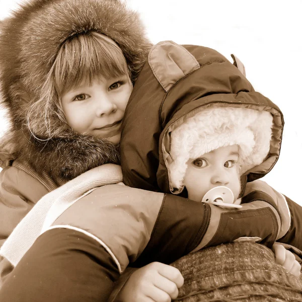 stock image Small children are very glad to winter