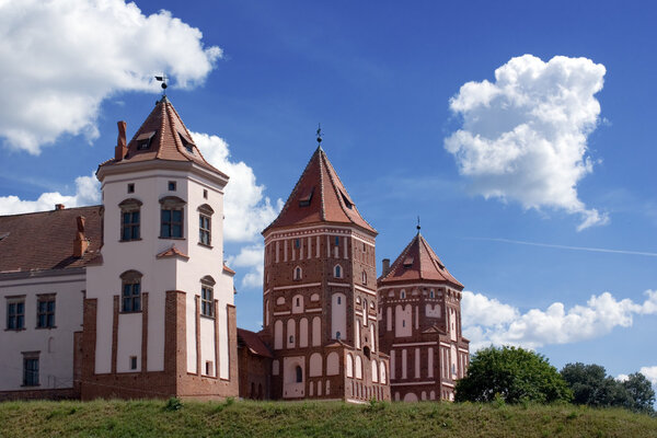 View to three towers of Mir Castle, Belarus