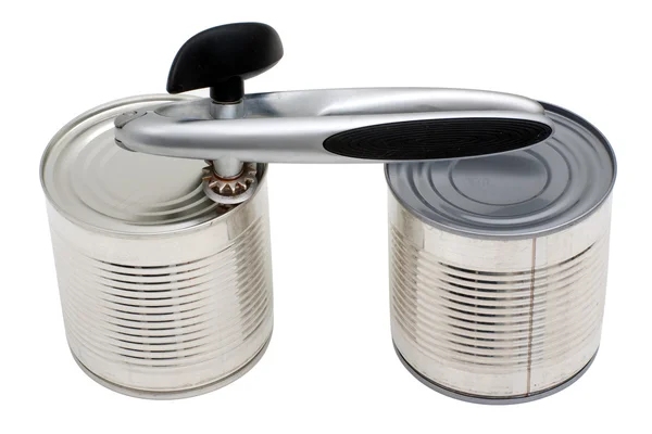 Two cans and can-opener — Stock Photo, Image
