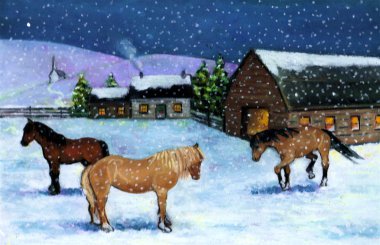 Painting of Horses in Snow clipart