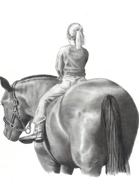 铅笔素描的小女孩骑着马 — 图库照片