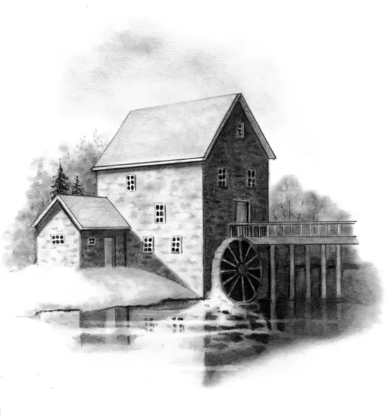 Potlood tekenen van oude stenen molen, no. 2 — Stockfoto