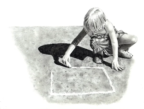 Ołówkiem rysunek dziewczynka gra grający — Zdjęcie stockowe