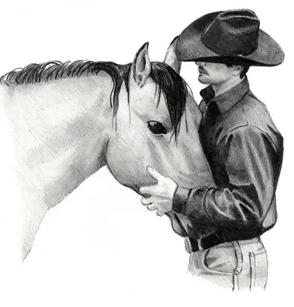 Dibujo a lápiz de vaquero y caballo Fotos de stock libres de derechos