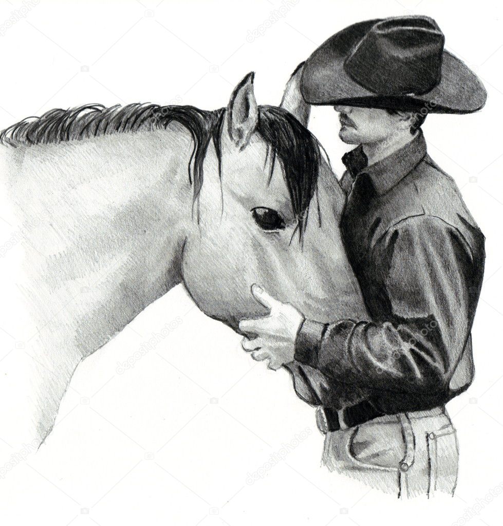 Pencil Drawing of Cowboy and Horse