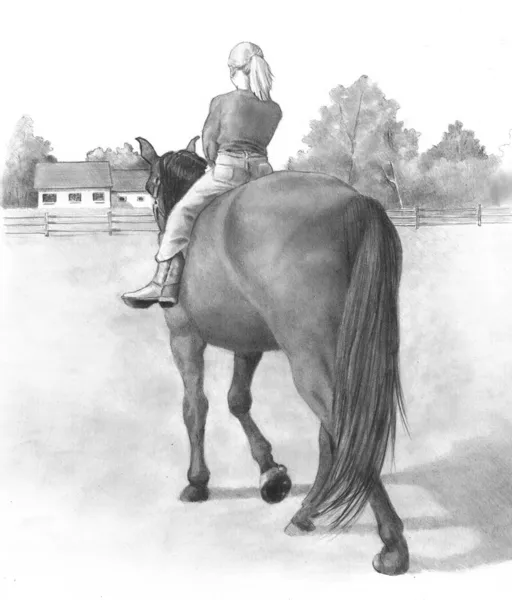 Desenho a lápis de menina no cavalo — Fotografia de Stock