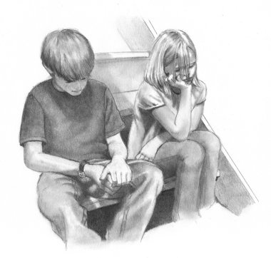 Pencil Drawing of Bored Kids, Children clipart