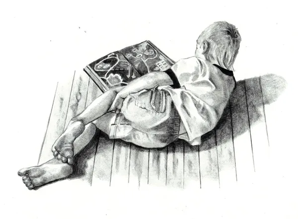Dibujo a lápiz de libro de lectura de niño Imagen de archivo