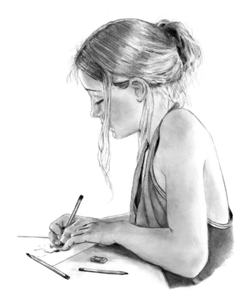 Dibujo a lápiz de niña Escribir, Dibujar Imagen de archivo