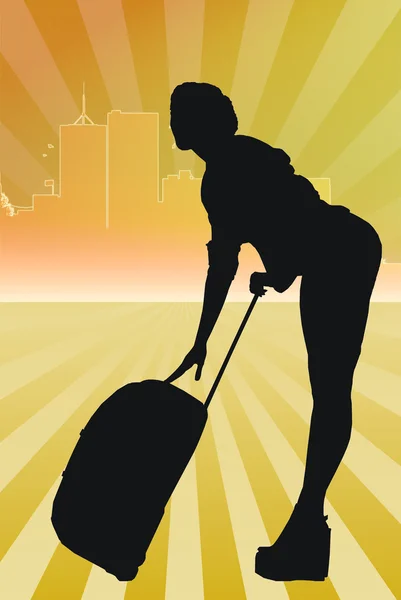 Mujer joven con una maleta viajará — Foto de Stock