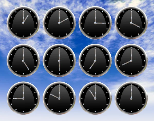 Coleção de relógios marcando todas as horas — Fotografia de Stock