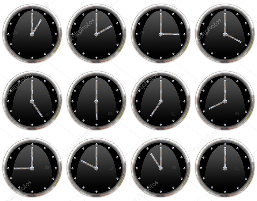 Collection of clocks ticking all hours
