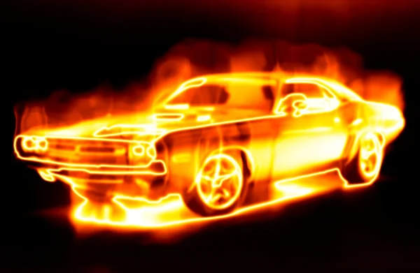 Auto obklopené plameny na zádech, černá — Stock fotografie