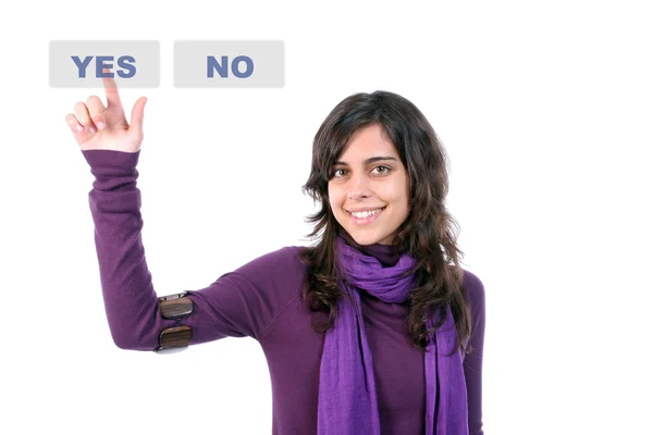 Girl presses the "yes" key — Stock Photo, Image