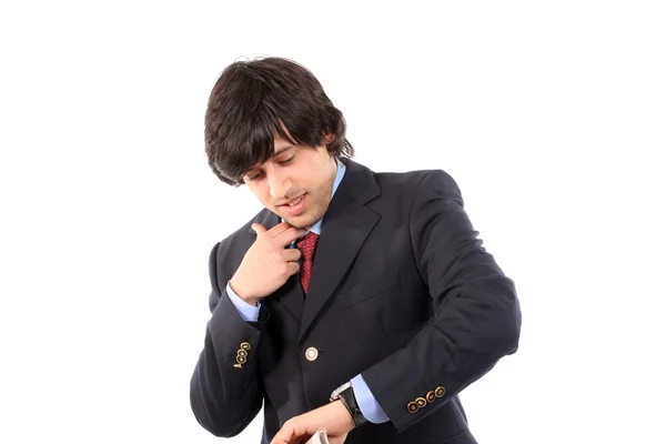 Bezorgd zakenman raadpleging zijn horloge — Stockfoto