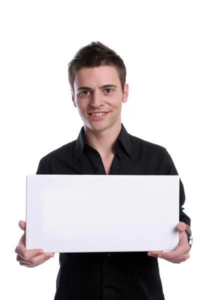 Homem de negócios com um cartão branco vazio — Fotografia de Stock