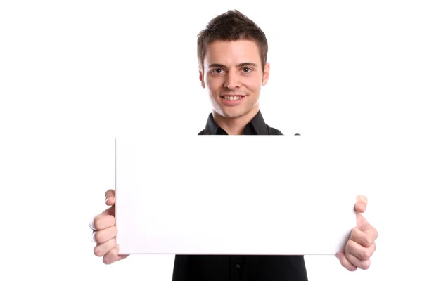 Iş adamı ile boş bir beyaz kart — Stok fotoğraf