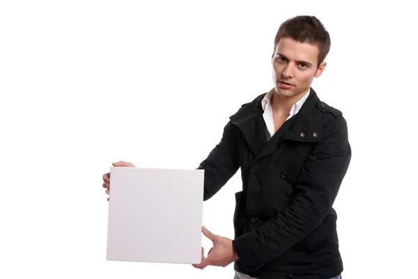Business man with an empty white card — Stock Photo, Image